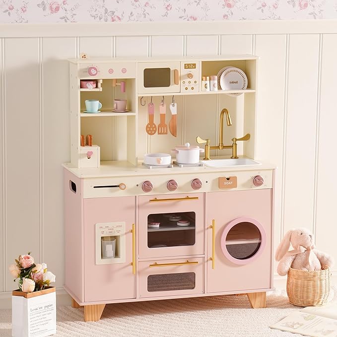 ROBUD Play Kitchen, Pink Toy Kitchen Playset with Pretend Coffee Maker & Toaster for Toddler Aged 3+, Wooden Kids Kitchen of Birthday Gift to Kids, WCF57