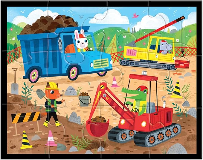 Mudpuppy Construction Site – 12 Piece Puzzle with Reusable Zipper Pouch Featuring Colorful and Fun Illustrations of Vehicles and Animals Workers Perfect for Easy Storage and Travel