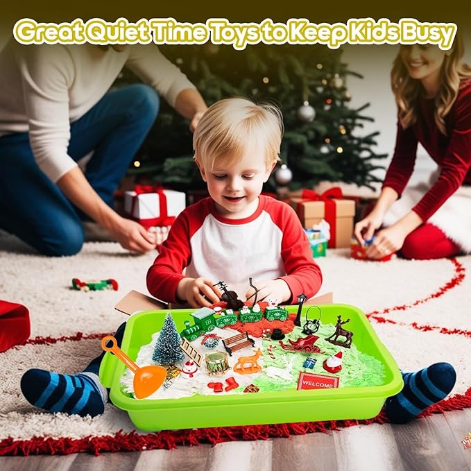 Christmas Sensory Bin Toys for Toddler Kids Age 3-8, Sand Art Play Kits with Xmas Figurine Ornaments, Preschool Learning Sandbox Toys for Winter Activities, Stocking Stuffers Gifts for Boys Girls