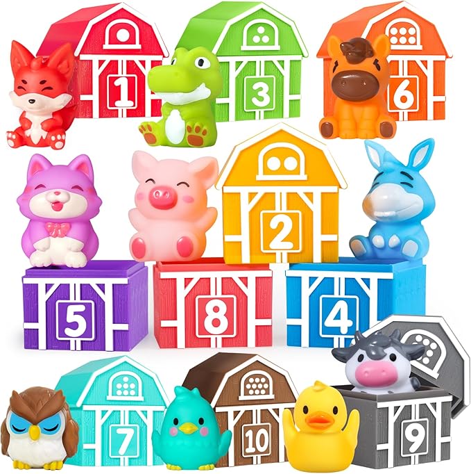 Oriate Farm Animal Learning Toys for Toddlers 1,2,3 Year Old, 20Pcs Farm Animals Montessori Toy for Counting Sorting Color Recognition & Matching, Finger Puppets & Stacking Toys 12M+