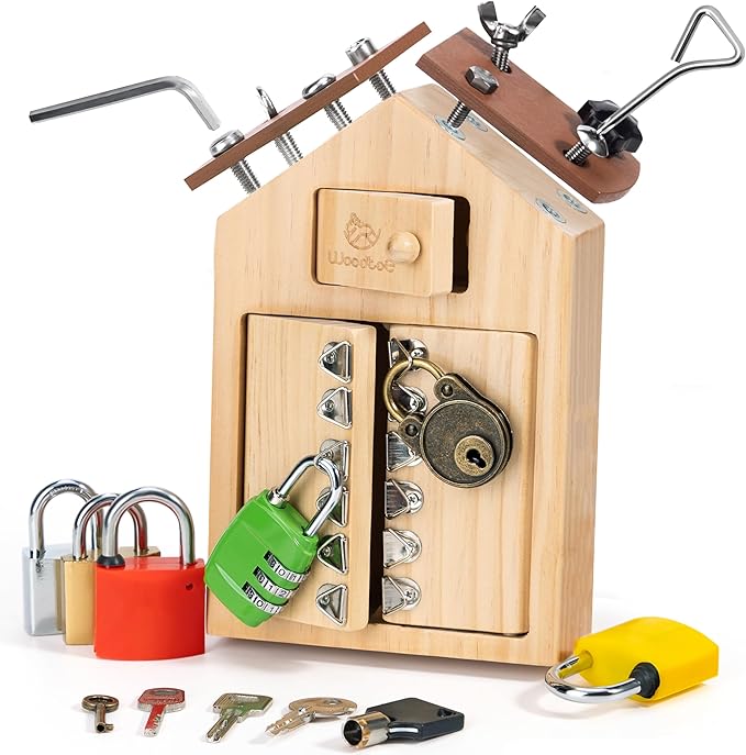 Woodtoe Montessori Screwdriver Board with Lock and Key Toy, Wooden Montessori Toys for Kids 3 4 5 Year Old, Toddler Fine Motor Skills STEM Toy, Preschool Sensory Learning Toys for Boys Girls