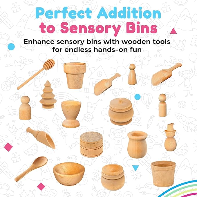 Rainbow Rice and Sensory Bin Tools (30 Pieces), Wooden Sensory Bin Tools and Scoops with Chemical-Free and Food-Safe Rice, Table Tools for Fine Motor Skills
