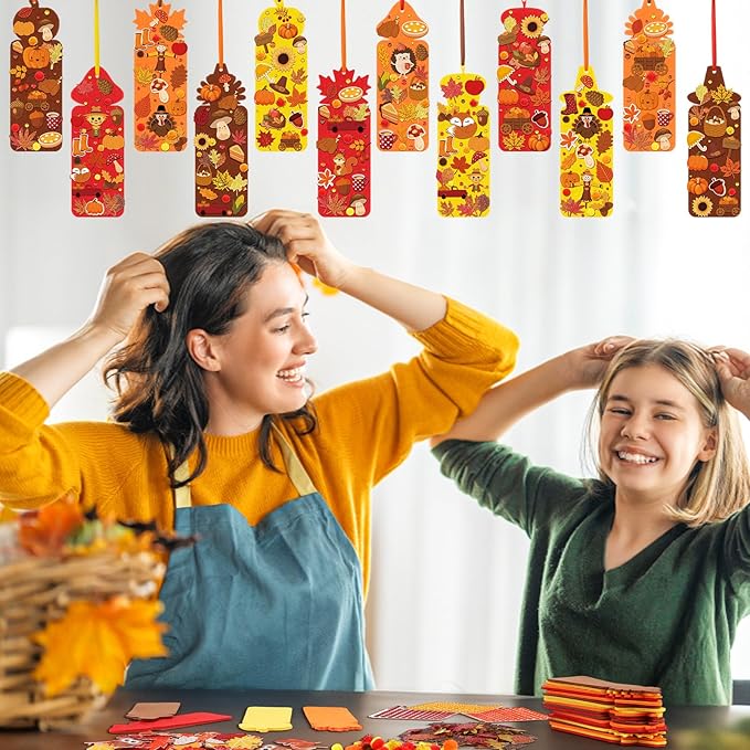 48 Sets Fall Bookmark Crafts Kits DIY Fall Felt Decorations Art Bulk 490 Pcs Thanksgiving Pumpkin Turkey Maple Leaf Craft Kit with Glitter Foam Stickers for Classroom Activities Autumn Party