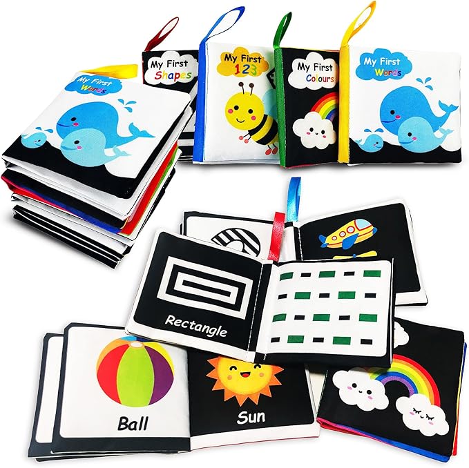 Soft Cloth Baby Book Toy 0-6 Months, Black White Baby Learning Book(Pack of 4),Touch and Feel Crinkle Infants 6-18 Months,Early Educational Toy 0-3, Gift for Babies Infants