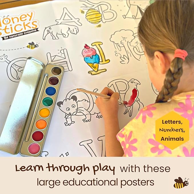 Honeysticks Kids Activity Set - 4 Giant Painting Posters Plus Non-Toxic Watercolor Paint Set with 8 Vibrant Colors and Paintbrush, Educational Painting Kits for Kids, Gifts for Ages 3-5