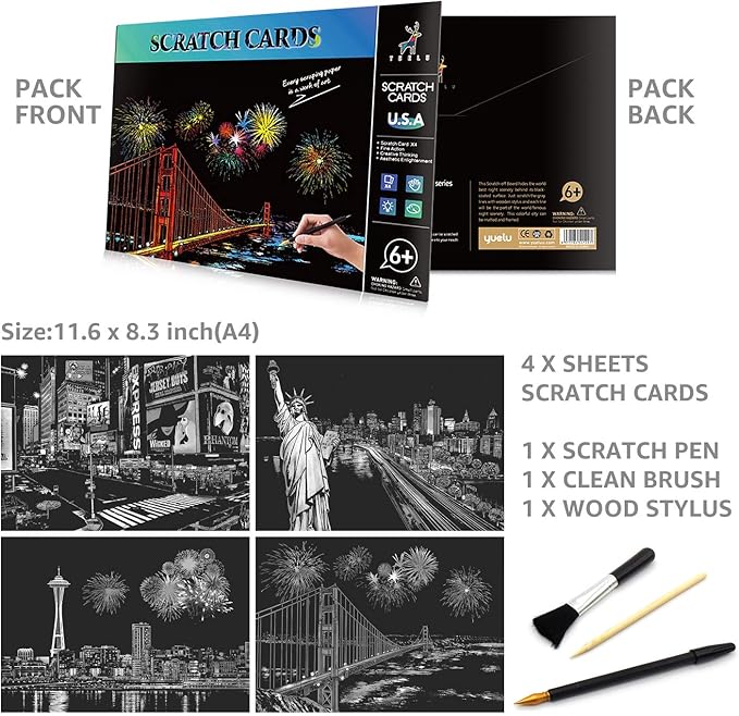 Rainbow Scratch Art Painting Paper (A4) for Adults & Teens, Night View Scratchboard Set:4 Sheet Scratch Cards, Clean Brush, Drawing Pen(Times Square/Golden Gate Bridge/Seattle/Statue of Liberty)