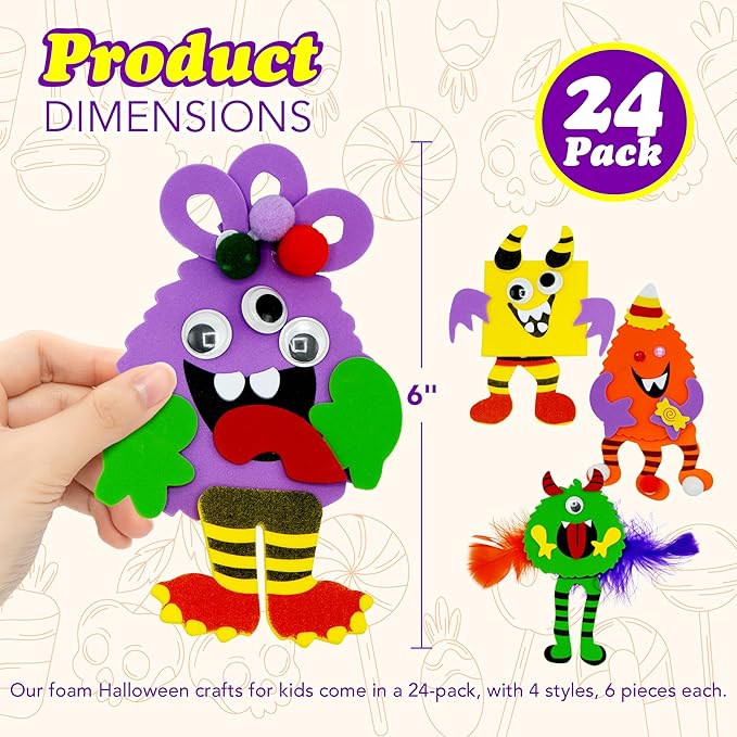 4E's Novelty Halloween Crafts for Kids (24 Pack) Bulk Silly Monster Crafts with Magnetic Foam Stickers, Make Your Own Monster Kit for Fall Halloween Classroom Party Activities
