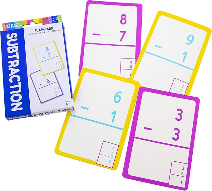 BAZIC Subtraction Flash Cards, Numbers Math Flashcards Game at School Home, Problem Solving (36/Pack), 24-Packs