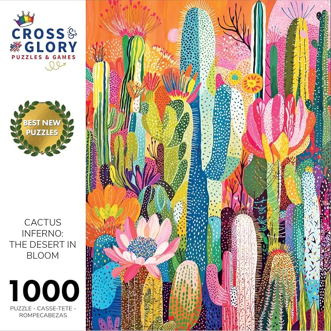 Cross & Glory - Cactus Inferno: The Desert in Bloom - 1000 Piece Jigsaw Puzzle for Adults | Vibrant Desert Cactus Puzzle | Best New Abstract Puzzle Challenge