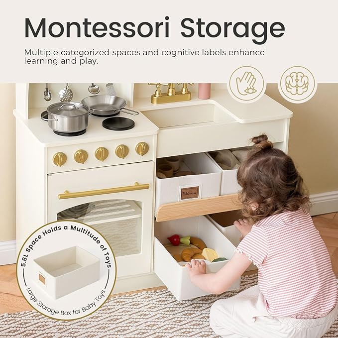 Tiny Land Play Kitchen for Kids, Wooden Toy Kitchen Set with Storage & Accessories, Toddler Kitchen Playset with Stove & Sink, Kids Kitchen Playset Gift for Ages 3-8