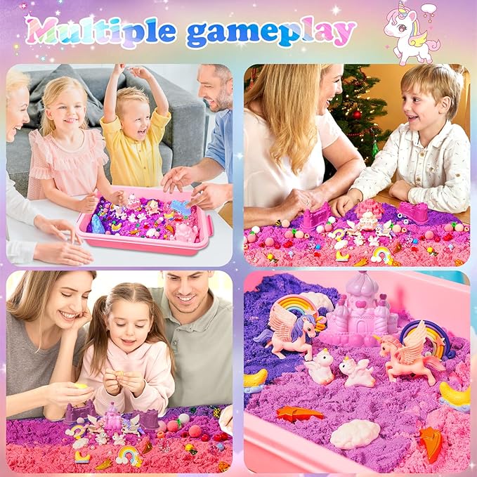 Bbiamsleep Unicorn Sensory Bin, 493 Pcs Unicorn Sand Kit with Sandbox Color Sensory Sand 6 Castle Mould 9 Tools for Birthday Party