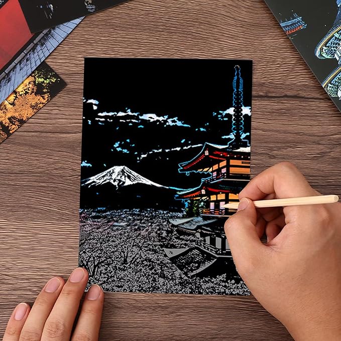 BulChign Scratch Painting Rainbow Paper Cards Kits for Adults,8 Sheets Rainbow City Ancient Capital Scratchboard(7.9 x 5.5 inch) with 6 Tools - Tourist Souvenirs (America/Global Architecture)
