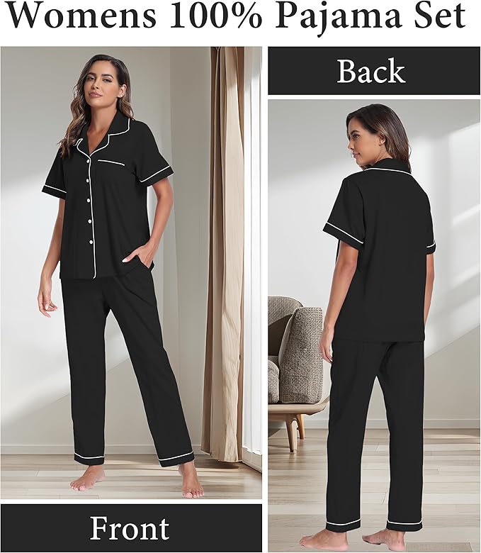 CF Womens 100% Cotton Pajamas Set Button Down Pjs Sets Short Sleeve Top & Long Pants Sleepwear Comfy Loungewear with Pockets