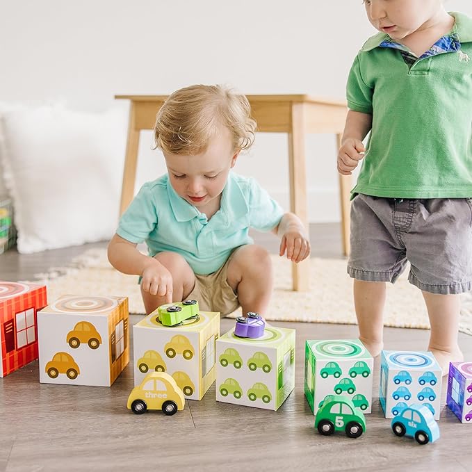 Melissa & Doug Nesting and Sorting Garages and Cars with 7 Graduated Garages and 7 Stackable Wooden Cars - FSC Certified