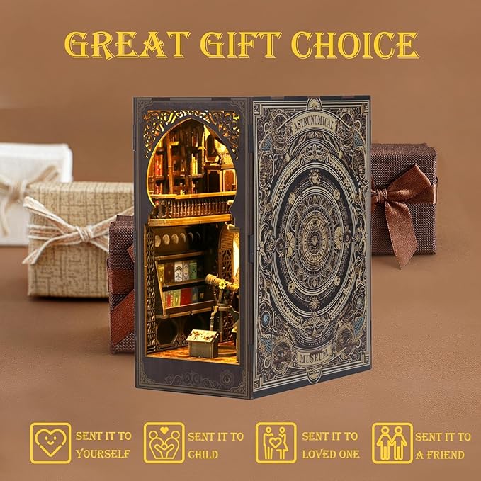 Book Nook Kits for Adults, 3D Printed DIY Miniature House Kit Astronomical Museum Booknook Wooden Puzzle Dollhouse Bookshelf Insert Decor with LED Lights Gifts for Book Lovers, Space Enthusiasts
