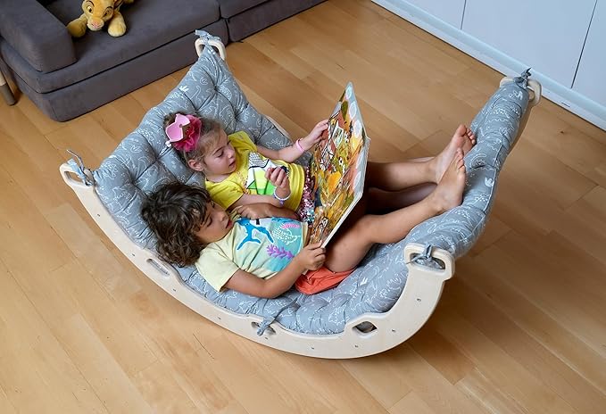 Climbing Arch | Montessori Rocker Arch | Arch with Cosy Pillow | Wooden Climbing Arch with Cushion | Wooden Climbing Arch and Rocker | Indoor Playground Cosy Cushion Rocker (Dino)