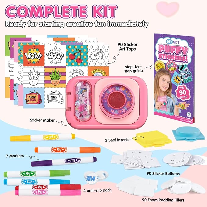 Puffy Sticker Maker Kit for Kids - Make Your Own 3D Stickers Ages 6-10 - Create DIY Craft Machine Unicorn Arts and Crafts Kits for Girls & Boys (90 Stickers)
