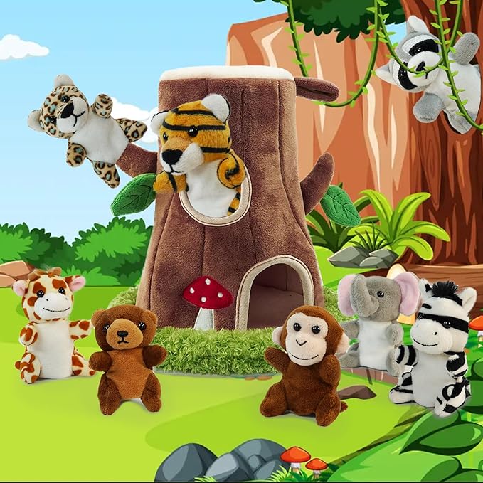 9 Pcs Finger Puppets Set Mini Toys, Soft Plush Jungle Animal Finger Puppet for Kids Mini Stuffed Animals with Tree Hole House,Finger Puppets for Toddlers Role-Playing Storytelling Christmas School