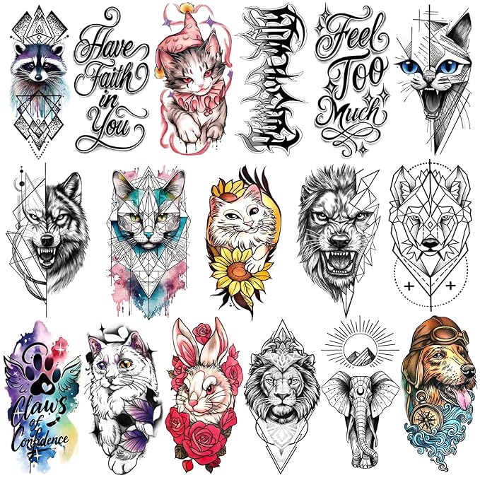 Temporary Tattoos for Kids and Adults, 77 Sheets Waterproof Cat Dog Animal Designs, Colorful and Long Lasting