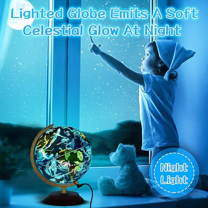 Illuminated World Globe for Kids & Adults All Ages with Wooden Stand 7 in 1- Night View Stars Map Constellation Globe with Detailed Colorful World,Built-in LED Bulb, Educational Gift