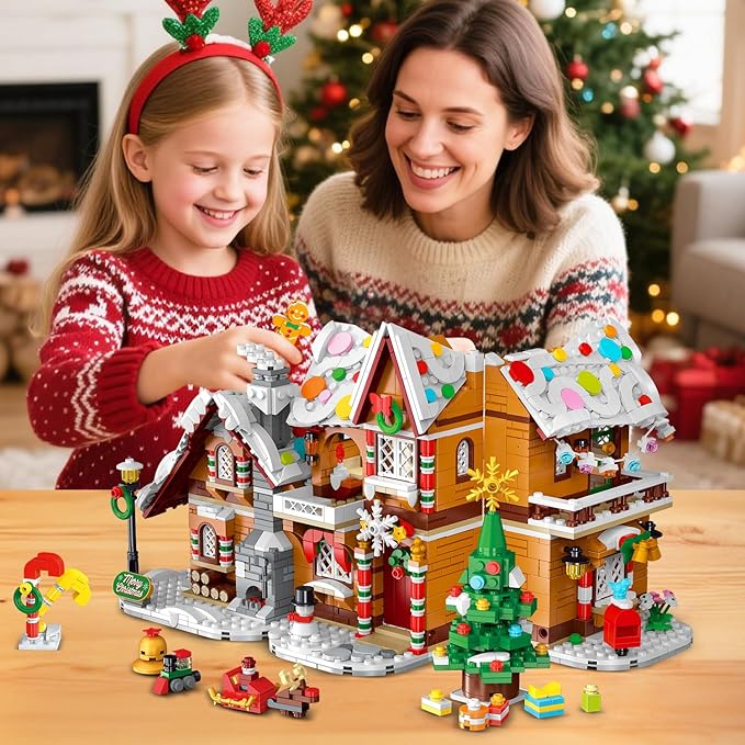 3 Style Christmas Gingerbread House Building Set with Lights - 2025 Christmas Castle Village Building Block Toy with Santa Claus Xmas Tree Train Gifts for Adults Kids Girls Boys Ages 6+ (1477PCS)