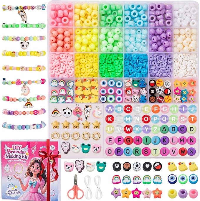 Taybonds DIY Bracelet Making Kit for Kids Age 6+, 1400+ Pcs Jewelry Making Ket with Polymer Clay Charms, Alphabet Beads, Pony, Pearl and Clay Beads, Unicorn Mermaid Panda Charms for Crafting Gifts