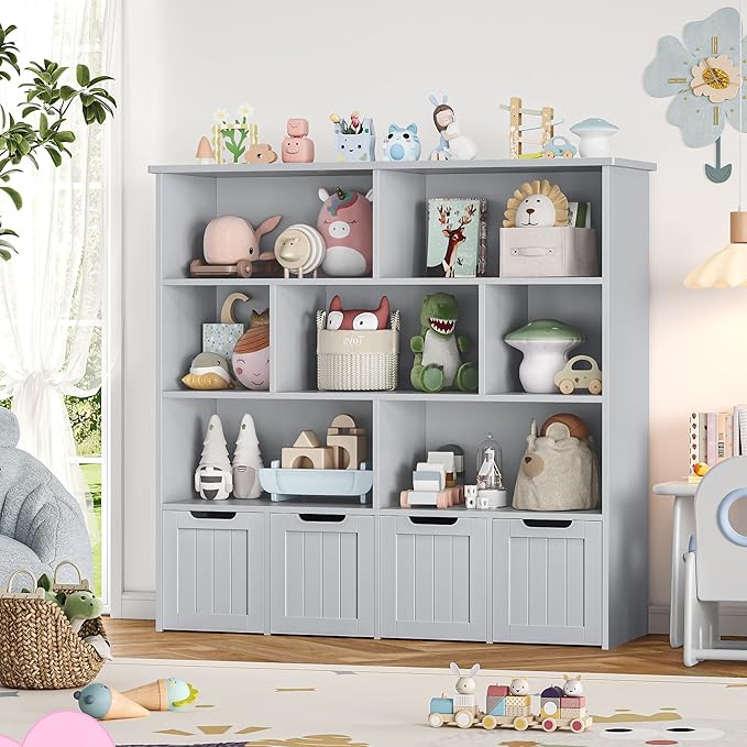 FINETONES Toy Storage Organizer, Kids Bookshelf with 4 Movable Chests and 7 Storage Cubes, Toy Chest Storage Shelf Organizer with Hidden Wheels, Toy Organizers and Toy Storage, Grey