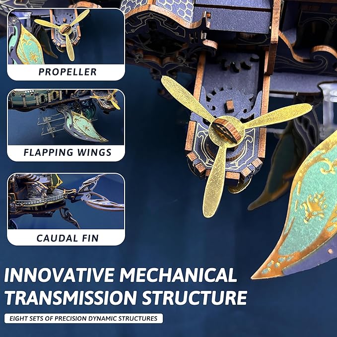 DIY 3D Wooden Puzzle Whale Spaceship,Miniature Wooden Dollhouse Model for Adults to Build,Gifts for Family Friends - Whale Ark of The Universe (Dawnlight Gold)