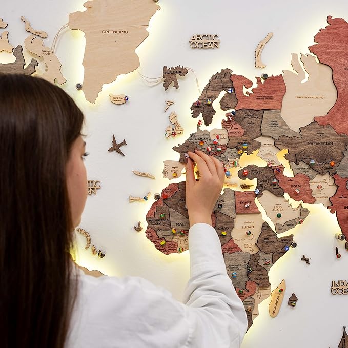 Enjoy The Wood 3D Wood World Map LED 3.0 Wall Art Modern Home Decor Gifts LED Lighting Wall Decor Housewarming Gift (Fusion)