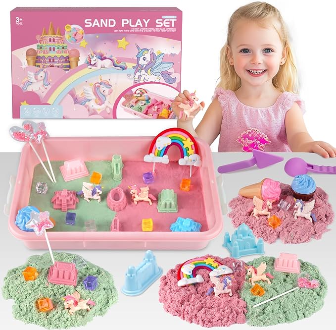 Unicorn Sensory Sand Bin Kit for Girls, Magic Art Unicorn Castle Ice Cream Molds, 2.2lbs Colorful Play Sand, Tools Sandbox with Lid – Great Christmas Birthday Magic Sand Gift for Toddlers 3 4 5 6 7 8