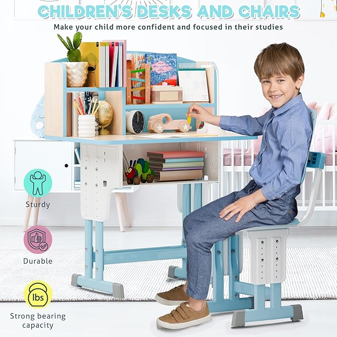 2025 NEW Kid's Study Desk and Chair Set, Ergonomic Height Adjustable Children Study Desk with Tilt Desktop, Book Stand, Light, Metal Hook and Storage Drawer,Gift for Boys Girls (Blue 70cm no lean)