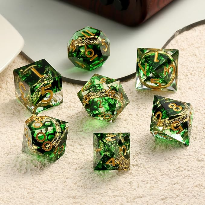DNDND Magic Lord Rings DND Dice Set with Gift Case 7-Piece Resin Sharp D&D Dice Set with Golden Rings for RPG Dungeons & Dragons Tabletop Game (Green)