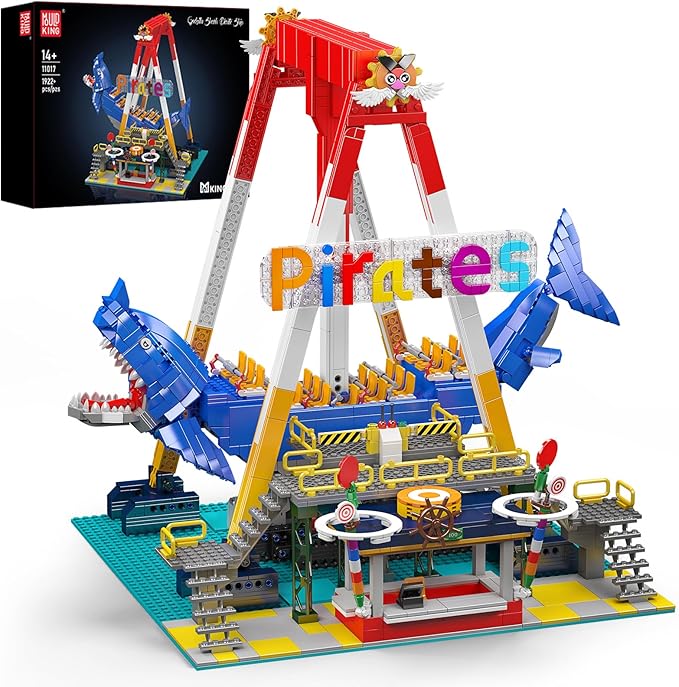 Mould King Pirate Ship Building Set, 1922+ Pcs Amusement Park Model Kit with Shark Shape, Swing Boat with Motor, Home Decoration Building Toys for Teens and Adults, Collectible Gift for Birthday
