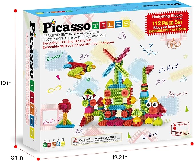 PicassoTiles Toys 112 Piece Hedgehog Blocks STEM Building Tiles Set Construction Learning Toy Stacking Interlock Block, Creativity Beyond Imagination, Inspirational, Recreational, Educational PTB112