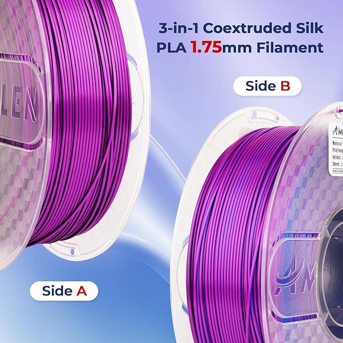 AMOLEN Silk PLA 3D Printer Filament, Tri Color Black Blue Purple PLA 1.75mm, Shiny Multi Color Change Filament 3D Printing PLA Filament for Most FDM 3D Printer, 1kg Spool(2.2lbs)
