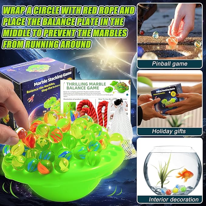Wobble Ball Marble Balance Game - Marbles for Kids & Adults Balancing Set with 60 Glass Marbles, Built-in Storage, Fun Family Games & Party Challenge for 1-4 Players, Perfect Birthday