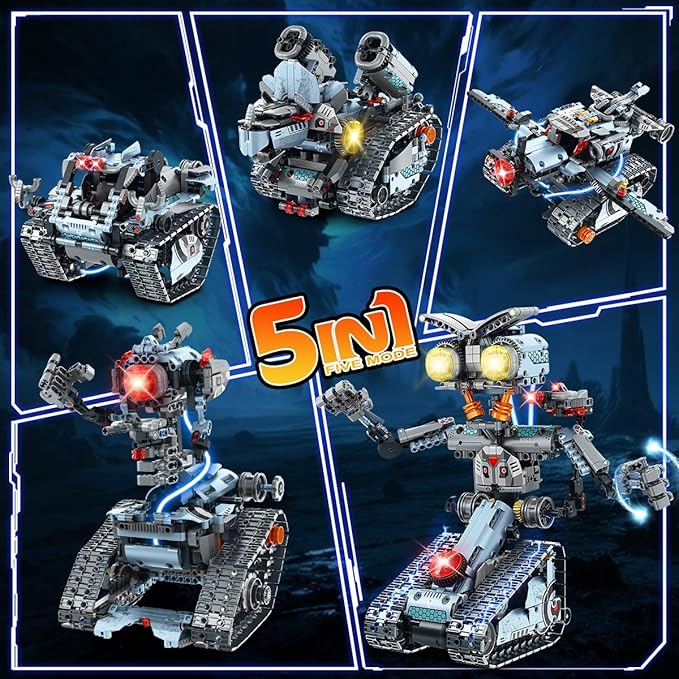 Robot Building Toy with Lights, 5 in 1 Robotic Building Set with APP & Remote Control, RC Tech Tracked Tank Car Fighter Jet Model Kit 795 PCS, Educational Gift for Kids Boys Girls Ages 14+