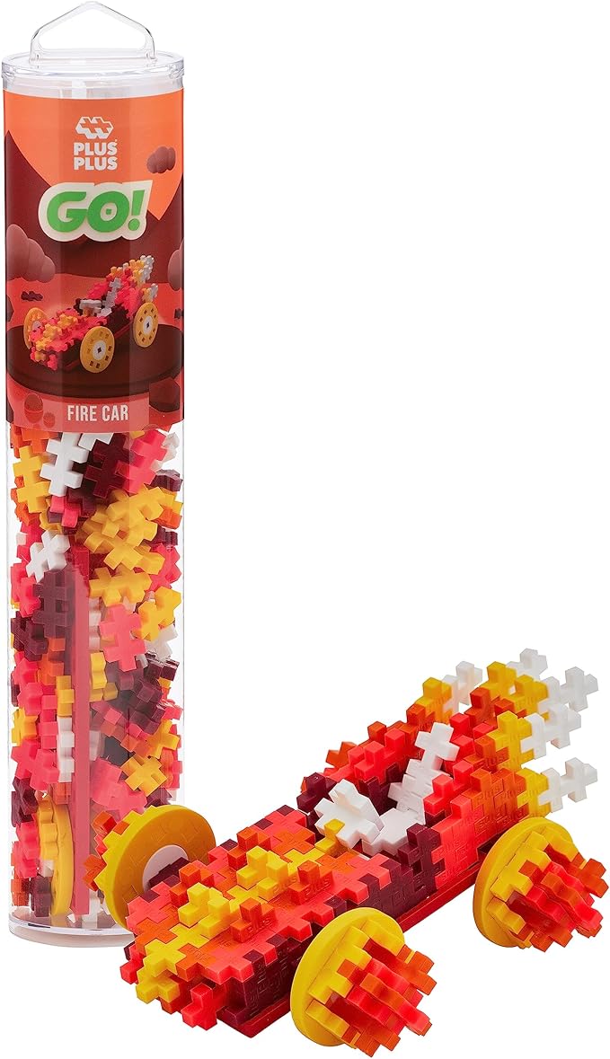 PLUS PLUS Color Cars Tube, Car Building Block Kit, 3D Puzzle Stem Toy Set for Kids, 200 Mini Interlocking Pieces - Fire