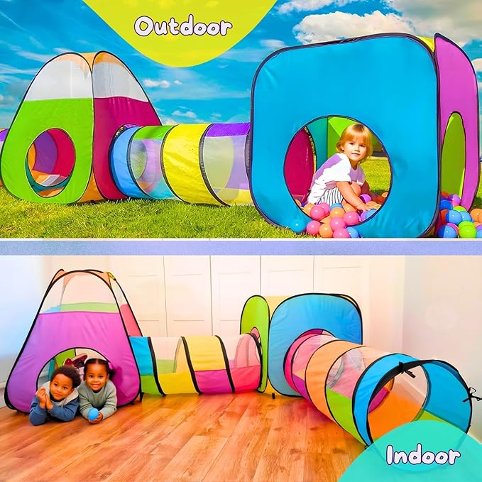 4pc Pop Up Children Play Tent : 2 Crawl Tunnel + 2 Tents : Kids Tents for Boys, Girls, Babies & Toddlers for Indoor & Outdoor : Large Children Playhouse Ball Pit