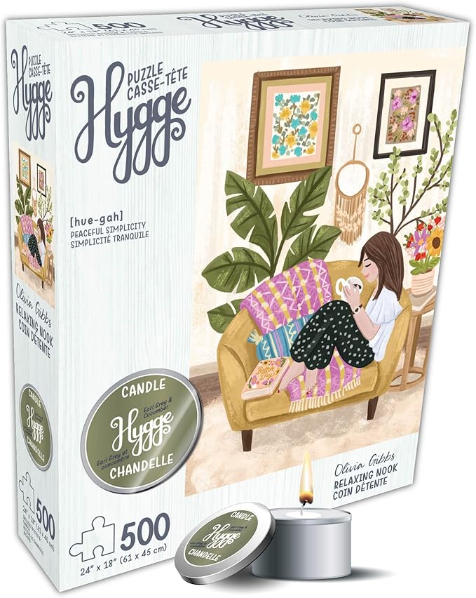 KI Puzzles 500 Piece Puzzle for Adults Hygge Collection Relaxing Nook by Olivia Gibbs Blueboard Jigsaw + Candle by Playview Brands