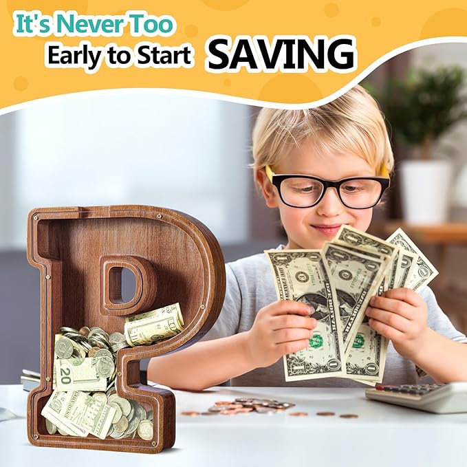 Summidate Customized Name Extra Large Wooden Piggy Bank for Kids Boys Girls Alphabets Letter A-Z Coins Bills Money Change Saving Box Clear Cover (Laser Engraved) Educational Toys 12"- Letter P