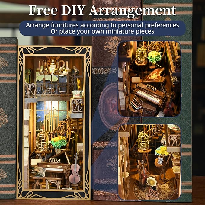 DIY Book Nook Kit, Miniature Dollhouse Booknook Kit, 3D Wooden Puzzle Bookend Bookshelf Insert Decor with LED Light for Teens and Adults (Pianist with Nightingale)