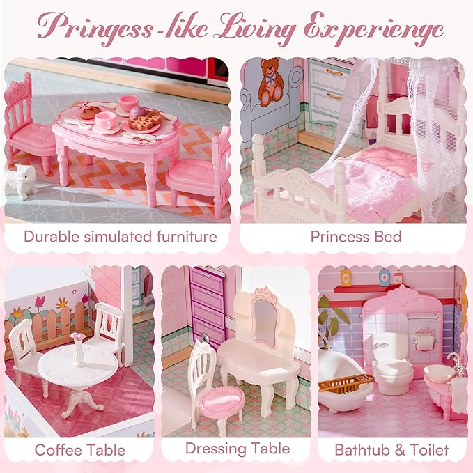 ROBOTIME Wooden Dollhouse, Doll Houses Playset with 24 Pcs Furniture for 4, 5, 6-Inch Dolls, Dollhouse Gift for 3+ Year Old Girls (Pink)
