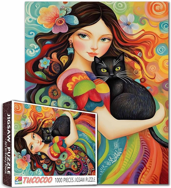 Abstract Women Jigsaw Puzzle,Black Cat Puzzles for Adults 1000 Pieces Puzzles for Families, HD Quality Lady Photo Puzzle Gift, Perfect for Party Game Gifts 27 x 20 Inches