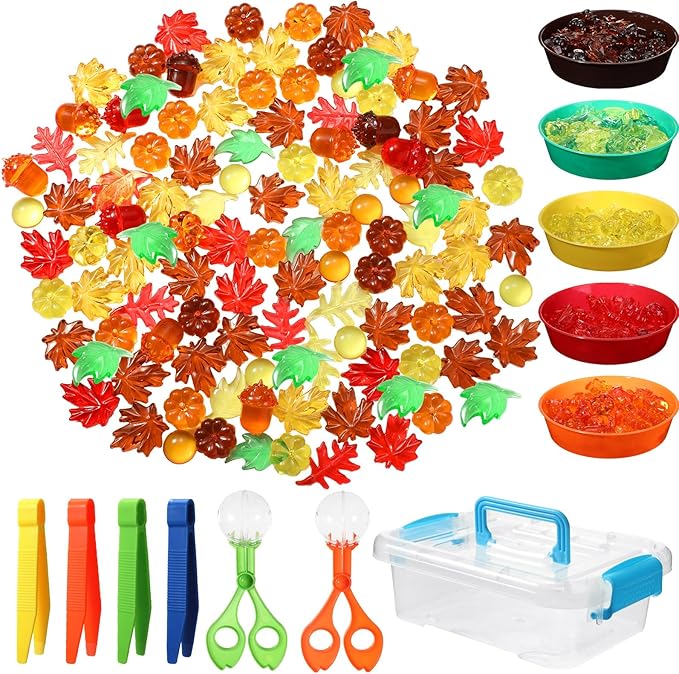 147 Pcs Fine Motor Toys Counting Sorting Fall Decorations, Sensory Bin Filler, 135 Acrylic Fall Leaves Pumpkin 4 Tweezers 2 Scissors Clips 5 Cups Storage Box for Fall, Autumn Thanksgiving Decor