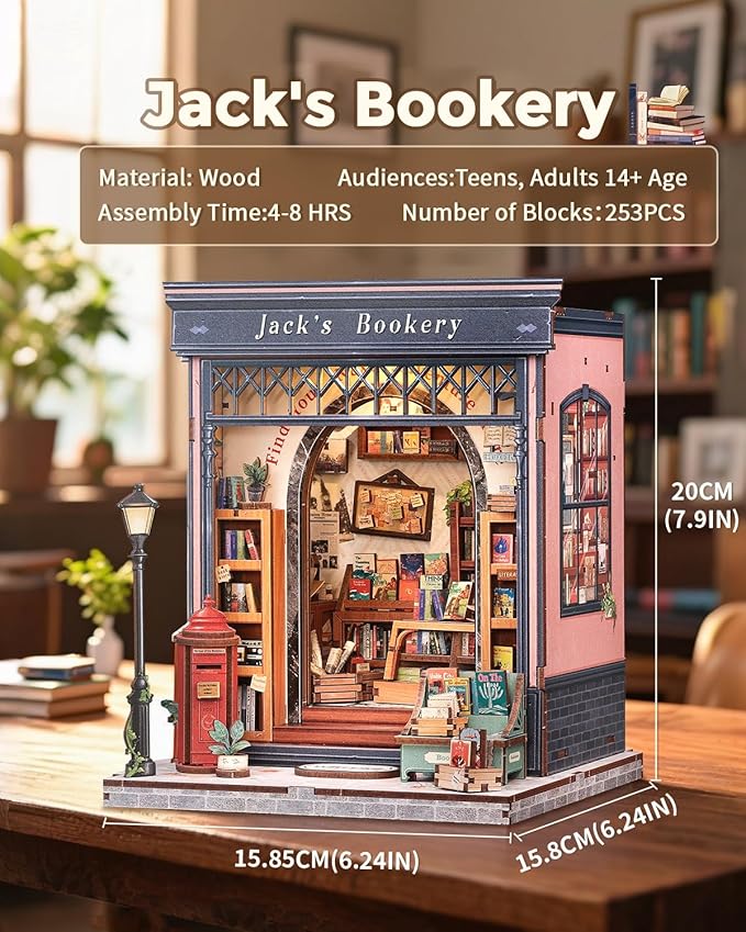 CUTEBEE Book Nook Kit - DIY Miniature House Dollhouse Kit for Adults and Teens, Booknook Tiny House Bookshelf 3D Wooden Puzzle, Gifts for Family (Jack's Bookery)