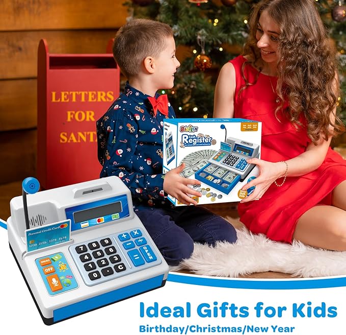 Calculator Cash Register - 103 Pcs Toy Cash Register, Store Set with Microphone, Credit Card and Banking for Kids, Early Math Skills Toys Gifts for 3, 4, 5, 6 7 8+ Years Old Boy Girl