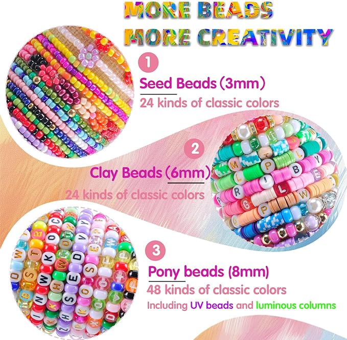 SJZWSD Friendship Bracelet Making Kit– 6 Boxes of Pony, Seed, Clay & Letter Beads, UV Glow in The Dark Beads, Tools & Charms – Jewelry Craft Kit for Kids & Adults