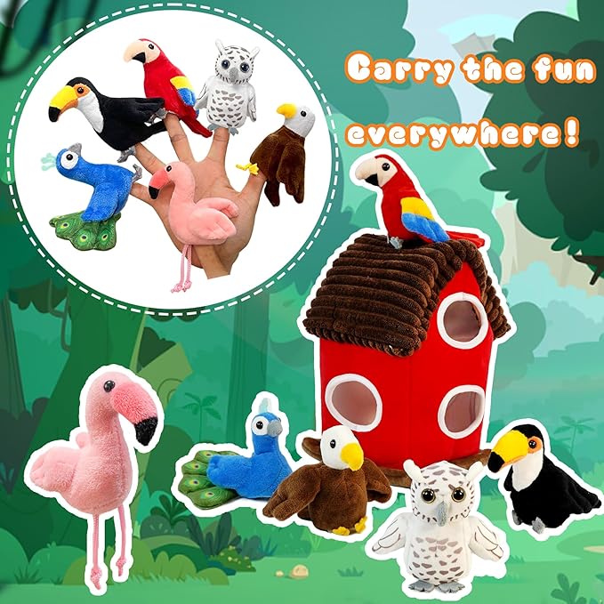 6pcs Birds Finger Puppets Bringing a House, Novelty Animals Toys Puppet for Kids, Storytelling Role-Playing Plush Finger Puppets Gifts for Boys and Girls