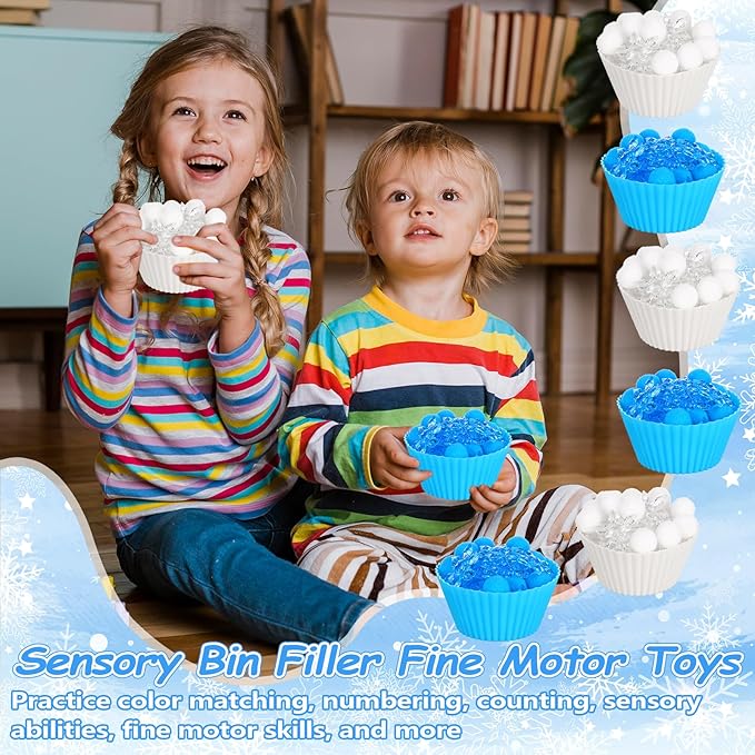 700PCS Winter Sensory Bin Items Christmas Sensory Bin Filler 240 Pompoms 450 Resin Snowflake 6 Cups 6 Tweezers 1 Storage Box for Winter Xmas Sorting Counting Training Preschool Education Activities